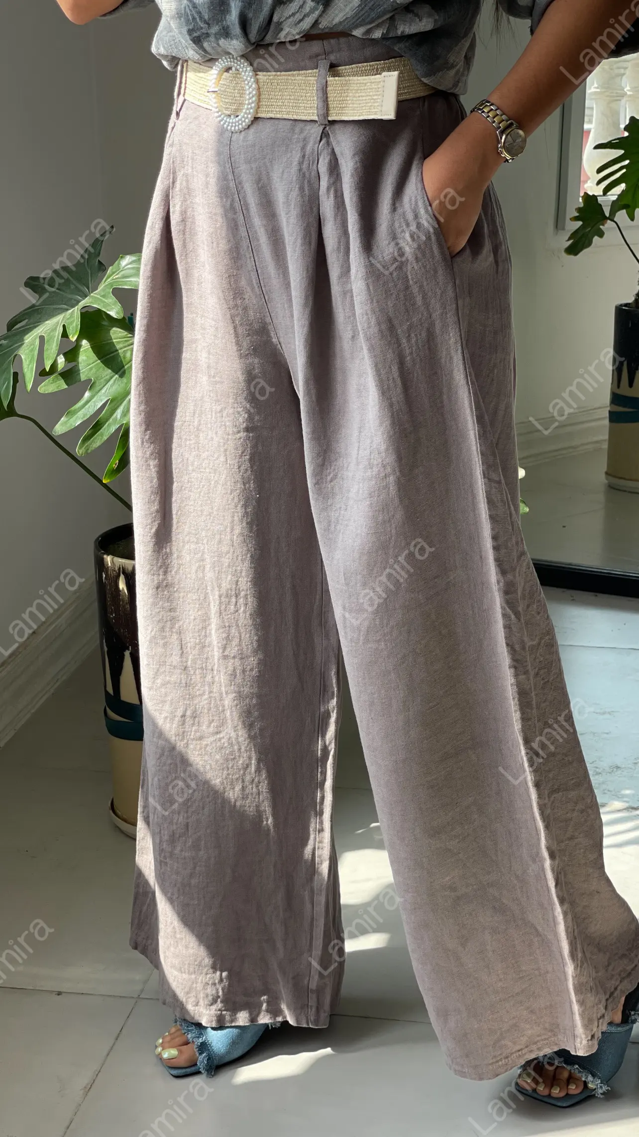 شلوار لینن ایتالیایی کمربند مرواریدی